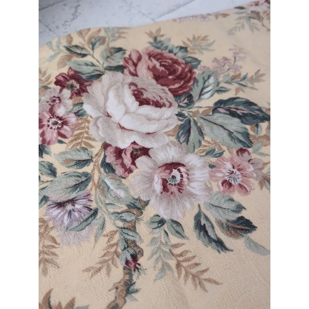 Beige Jacquard Floral Table Runner with Gold Lace Trim French Country Cottage